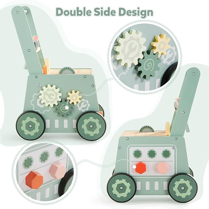 Beright Wooden Baby Push Walker, Wooden Baby Walker and Tool Toy for Toddlers, Kids Tool Bench, Baby Activity Center, Toddler Montessori Educational Toys, Green
