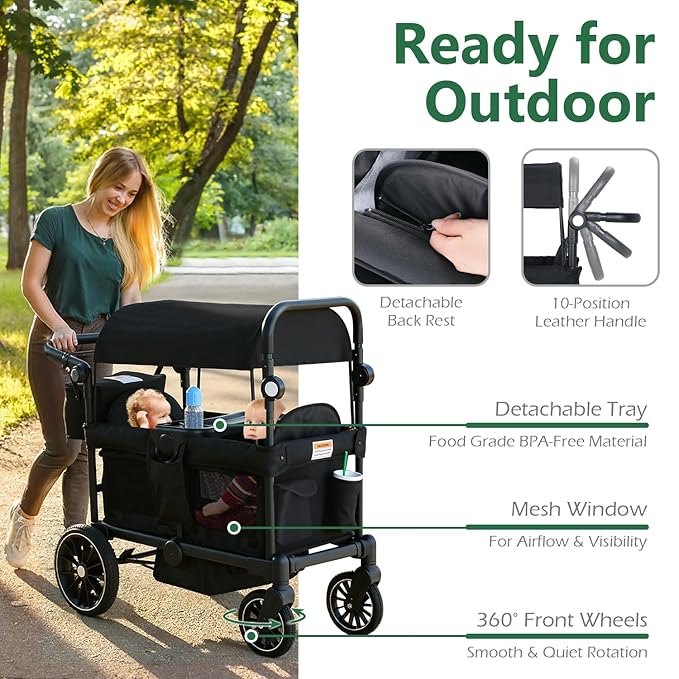 Kinder King Folding Wagon Stroller for 2 Kids, All-Terrain Baby Stroller Wagon Outdoor, Removable Canopy 2 Seater, Adjustable Handle, Shock-Absorbing Wheel, Detachable Tray, Parent Organizer, Black
