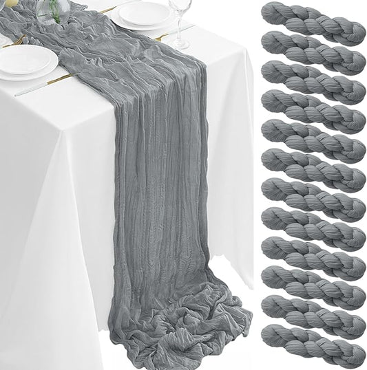 12Pack Grey Table Runner 35 x 120 inch Cheesecloth Table Runner 10FT Boho Table Runners Rustic Gauze Cheese Cloth Table Runners for Party Wedding Birthday Dining Bridal Shower Baby Shower Decor