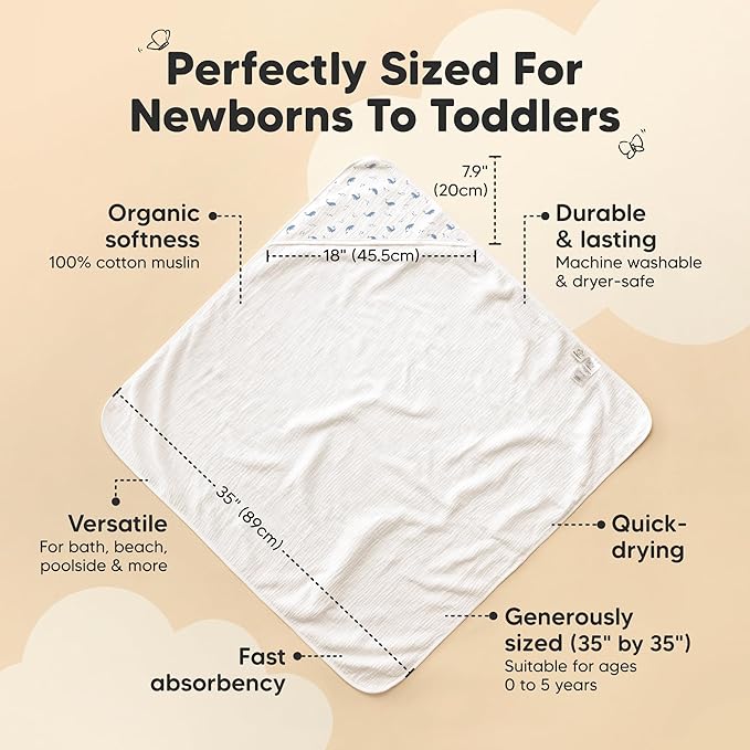 KeaBabies Muslin Baby Bath Towels with Hood for Girls, Boys, Large Organic Cotton Hooded Baby Towels for Newborns, Toddlers, Infant, Kids, Soft Absorbent Newborn Bath Essentials Gift Set (Whale Bay)