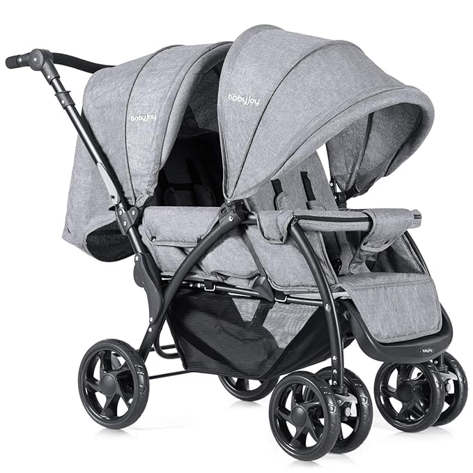 BABY JOY Double Stroller, Foldable Lightweight Twin Stroller with Tandem Seating, Adjustable Backrest/Canopy/Footrest, 5-Point Harness, Storage Basket, Newborn and Toddler (Gray)