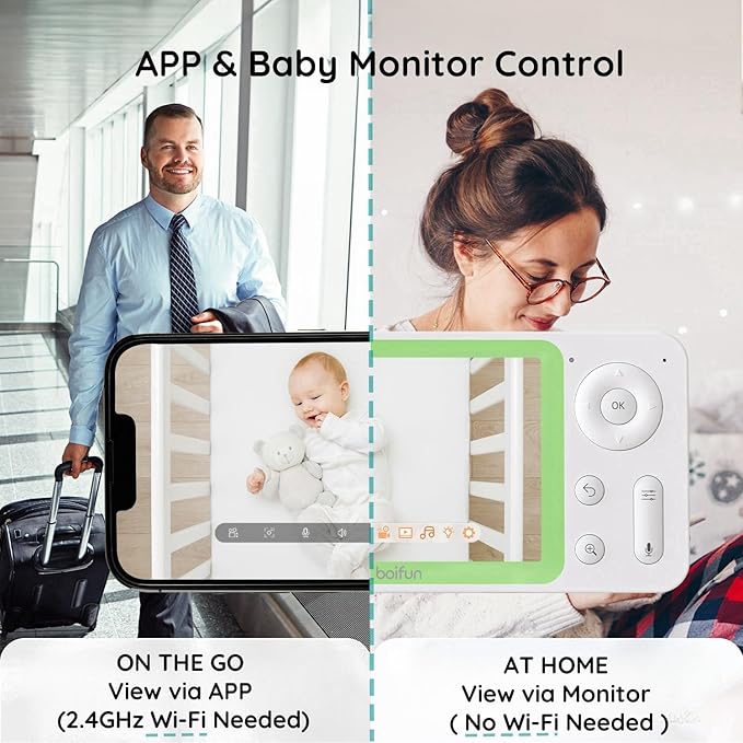 BOIFUN Split Screen Video Baby Monitor WiFi, 2 Cameras, Smartphone APP Control & LCD Monitor, AI Motion & Sound Detection, 4.3'' 4X Zoom, 1080P Smart (Monitor para Bebe), Area Alarm, Video Recording