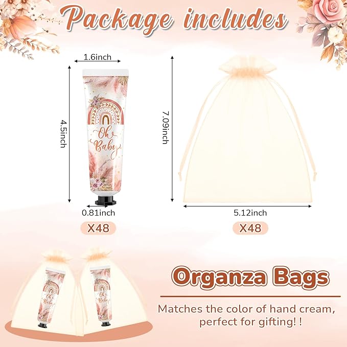 48 Sets Baby Shower Hand Cream Bulk Boho Baby Shower Favors Bridal Thank You Hand Cream for Guests Travel Size Lotion with Organza Bags