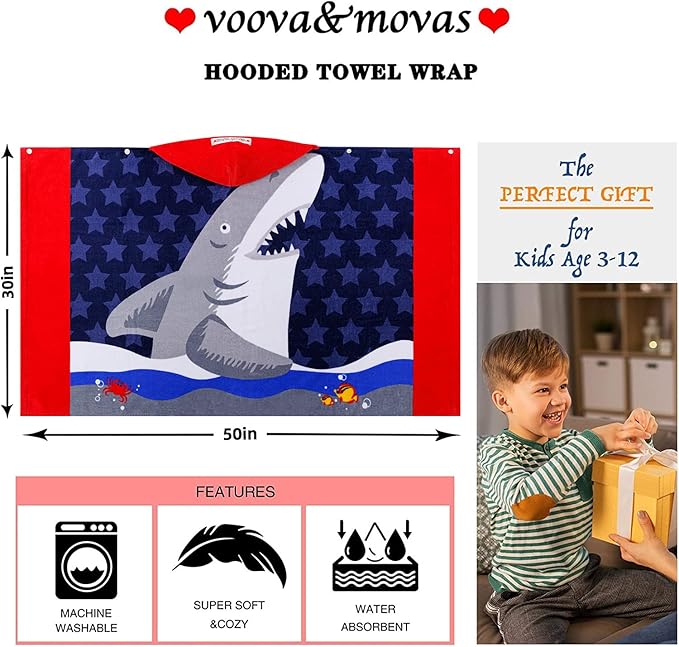 VOOVA & MOVAS Toddler Bath Towels Age 3-10,30''X50, Soft | Thick | Cotton | Oversized Absorbent - Beach | Bath | Pool | Swim Towels for Boys and Girls | Big White Shark