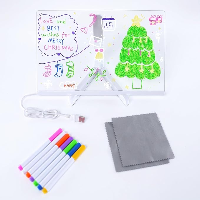 LED Note Board with Colors,Led Light Up Acrylic Message Board,LED Illuminated Drawing Board Light Up Dry Erase Board with Stand for Office School Home (7.88x7.88'')