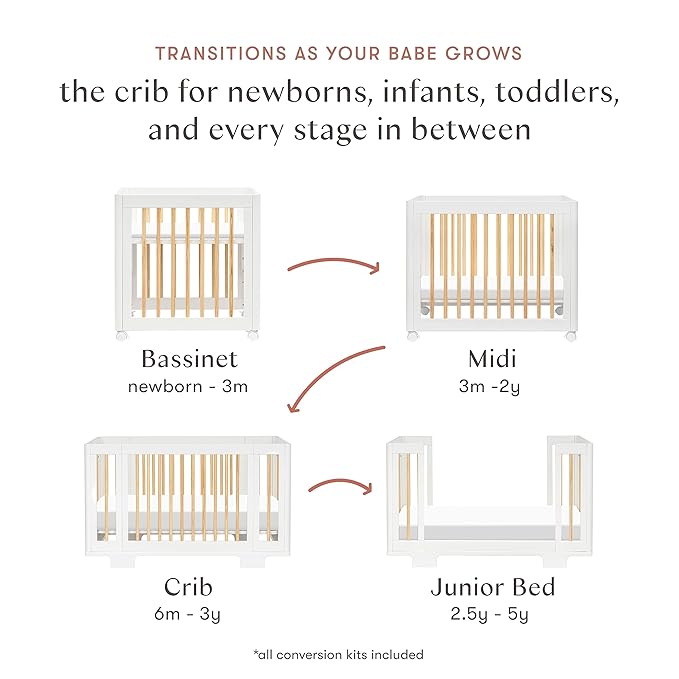 Babyletto Yuzu Convertible All-Stages Bassinet, Midi, Full-Size Crib in White with Natural, Greenguard Gold Certified, Portable & Adjustable with Conversion Kits and Pads Included