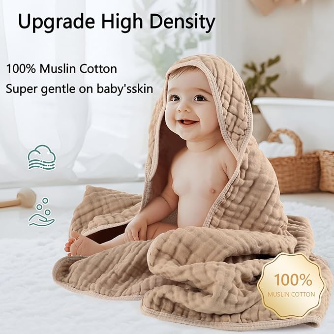 Hooded Baby Bath Towels, 2 Pack Baby Towels with Hood for Newborn, Upgrade High Density 100% Muslin Cotton Baby Towel, Ultra Soft, Highly Absorbent for Infants, Toddlers, Newborn Essential, 32” x 32”
