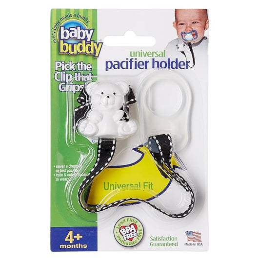Baby Buddy Pacifier Clip Holder, Newborn Essential with Universal Fit for All Binky and Teether Brands, Ages 4+ Months, Black & White, 1 Pack