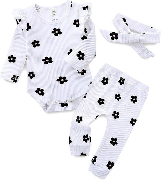 Fullfamous Baby Girl's 3pc Rib Frill Long Sleeve Romper and Pant Set