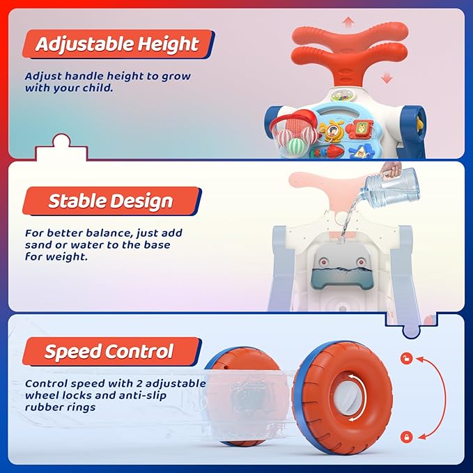 CUTE STONE 5 in 1 Walker for Baby Boy, Sit to Stand Push Walker with Activity Center Learning to Walk, Early Push Walking Toys Gift for Toddler Infant Blue