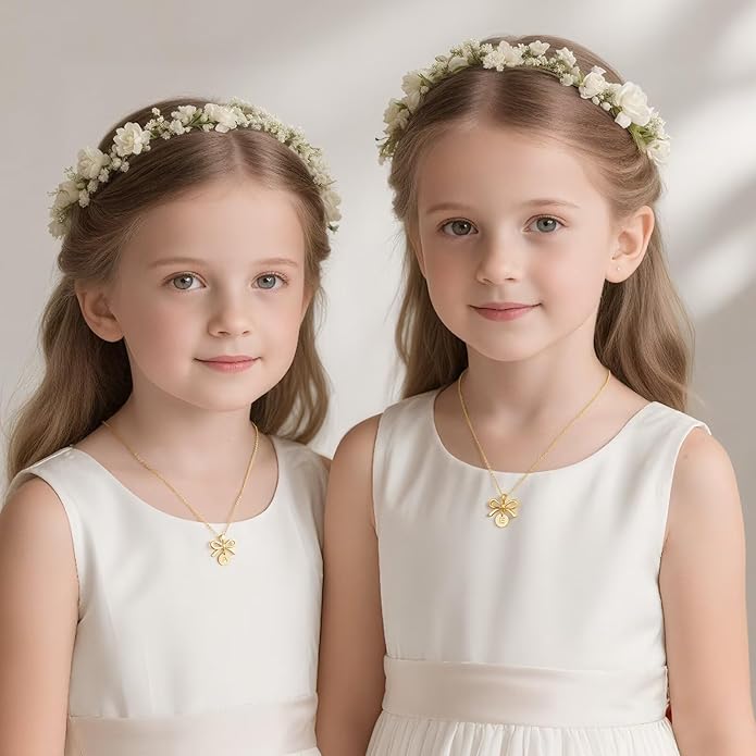 IEFLIFE Flower Girl Gifts - 14K Gold Plated Disc Initial Flower Girl Proposal Necklace Gifts for Girls from Bride, Bow Necklace Gift for Girls on Wedding Bridal Shower Party Jewelry