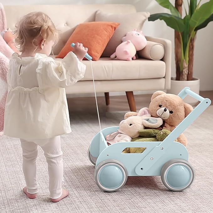 2025 HOMEKOL Wooden Baby Walker,Baby Push Walker, Adjustable Speed Baby Walker for Boys and Girls, Baby Activity Center, Gift for Birthday, Christmas and New Year Nature Blue