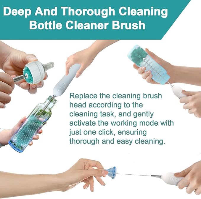 Electric Baby Bottle Brush With Holder, Stainless Steel Automatic Cleaner With Extension Handle, Sponge, Silicone Water Cleaner, Nipple and Straw Brush - Green