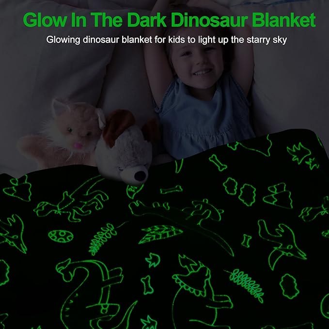 Glow in the Dark Dinosaur Kids Blanket - Soft Fleece Throw, 50"x60" - Boys & Toddlers, Birthday Gift
