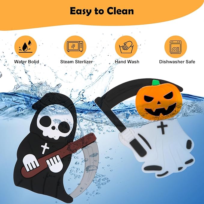 Halloween Baby Teething Toys 2Pack–Pumpkin Ghost & Grim Reaper Silicone Teethers for Newborns, Infants & Toddlers–Sensory Chew Toys for Teething Relief–Perfect Baby’s First Halloween Basket Stuffers