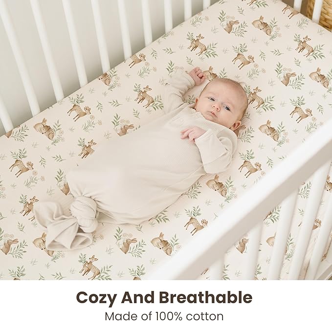 Konssy Muslin Crib Sheets 2 PCS, 100% Cotton Baby Crib Sheets for Standard Crib Mattress (28"x 52"), Soft and Breathable for Boys, Girls (Woodland,Sage)