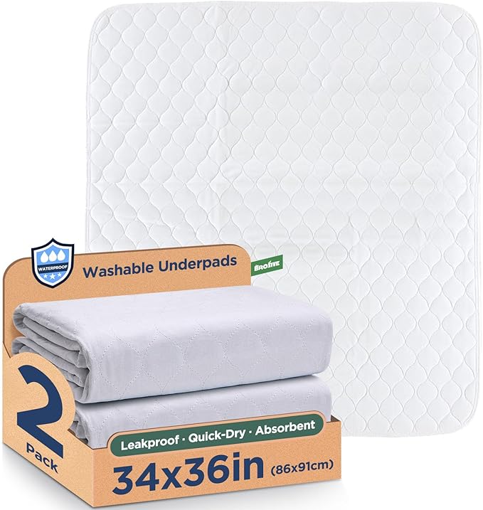 Waterproof Reusable Incontinence Bed Pads Washable Incontinence Underpads 8 Cups Absorbency,Mattress Protector for Adults, Kids and Pets(34”x 36” inch 2 Pack)