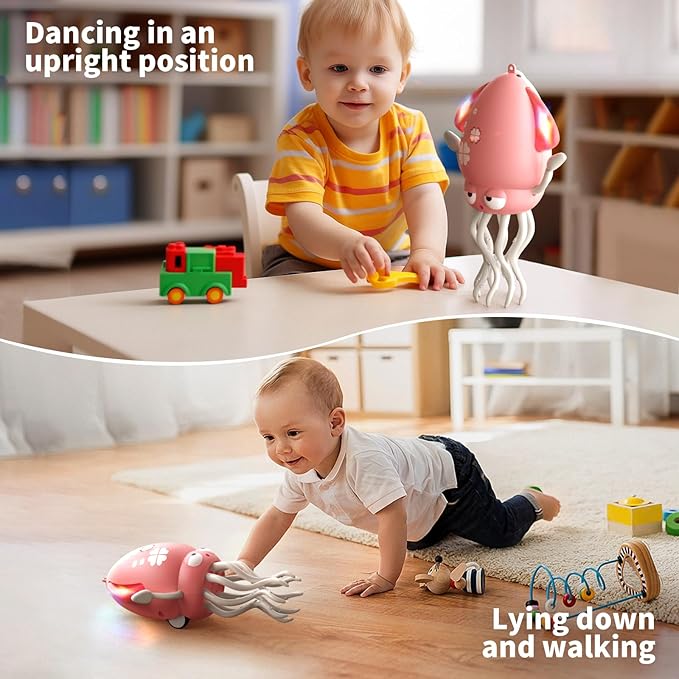 Interactive Dancing Octopus Toy, LED Light-Up Music Crawling Squid with Smart Obstacle Avoidance & Fishing Rod,Tummy Time Baby Toy, Musical Toy for 3 4 5 6 Year Old Boys and Girls(Red)