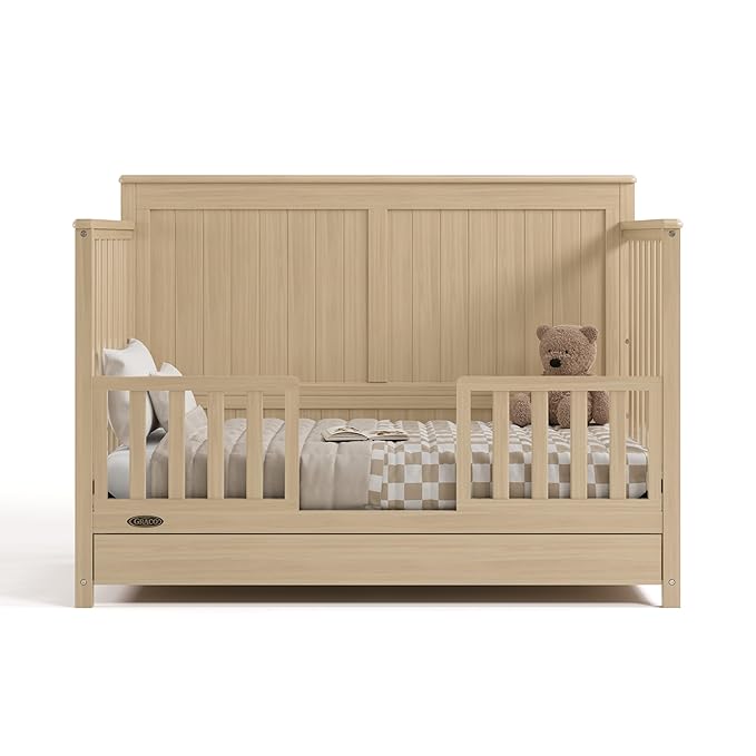 Graco Hadley 5-in-1 Convertible Crib with Drawer (Driftwood) – GREENGUARD Gold Certified, Fits Standard Crib Mattress, Converts to Toddler Bed, Daybed and Full Bed, 4 Adjustable Mattress Heights