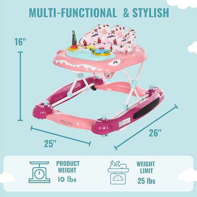 Dream On Me Baby Steps Baby Walker in Pink, Adjustable Three Position Height Setting, Removable Tray, Easy to Fold and Store Baby Walker