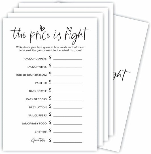 The Price Is Right Baby Shower Game Set - Classic White - 30 Double-Sided Fill In Style Game Cards, Gender Reveal, Baby Announcement, Party Favor & Supplies - B07