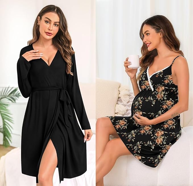 SWOMOG Womens Maternity Robe 2 Piece Nursing Nightgown for Breastfeeding 3 in 1 Labor Delivery Nursing Dress Lace Bathrobe