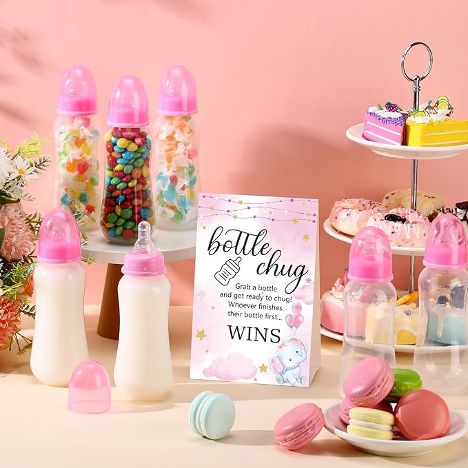 TrelaCo Cool Baby Shower Games Sets 12 Pcs Feeding Bottles with 1 Bottle Chug Sign for Gender Reveal Baby Shower Party Favors Decoration Games(Elephant,Pink)