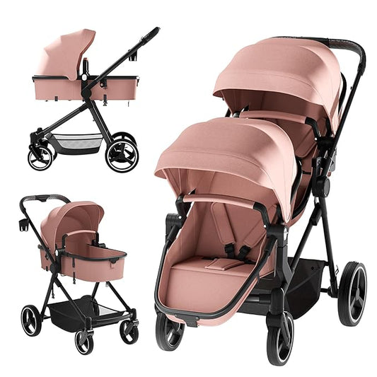 Double Stroller for Twins and Toddlers, Lightweight Aluminum Foldable Twin Stroller with Adjustable Backrest, Reversible Seat, 5-Point Harness, Storage Basket (Pink)