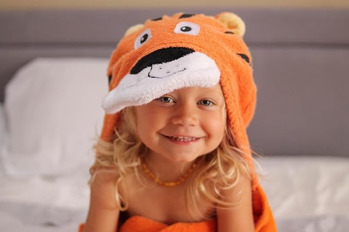Hooded Baby Towel for Kids 2-8 | Large 100% Cotton Baby Towel for Girls or Boys in Orange | Unisex Cute Tiger Bath Towels for Babies and Toddlers
