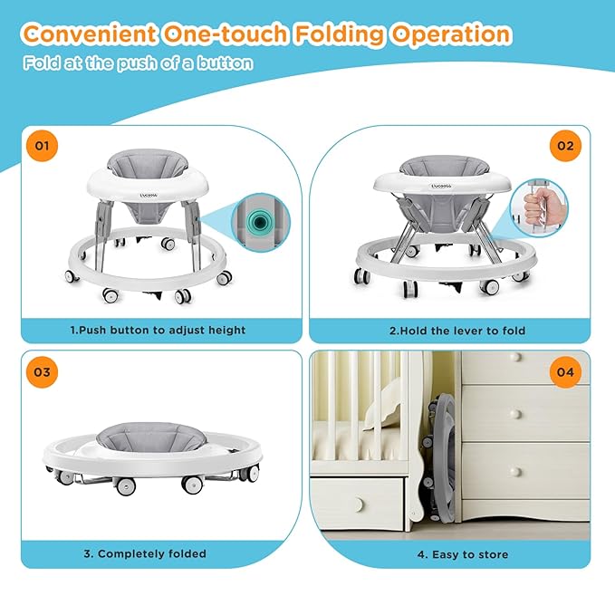 One-Touch Folding Baby Walker, Anti-Roll 8-Wheel Round Chassis, 7-Speed Height Adjustment, with Large Dinner Plate and Brake, 6-18 Months Baby Walker, Gray.