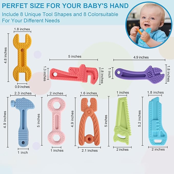 8 Pack Chew Baby Teething Toys for 0-12 Months, Freezable BPA Free Silicone Baby Molar Teether Chew Toys, Hammer Wrench Spanner Pliers Hand Saw Shape Baby Girl's Boy Car Seat Toy