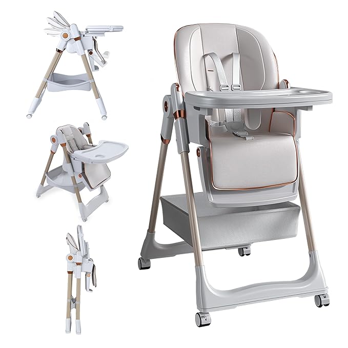 3-in-1 Foldable High Chair for Babies & Toddlers, Adjustable Height, Reclining Seat, Wheels with Safety Locks, Removable Tray, Space-Saving Multifunctional Baby Dining Chair (White)