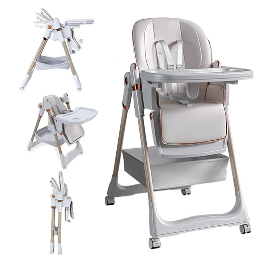 3-in-1 Foldable High Chair for Babies & Toddlers, Adjustable Height, Reclining Seat, Wheels with Safety Locks, Removable Tray, Space-Saving Multifunctional Baby Dining Chair (White)