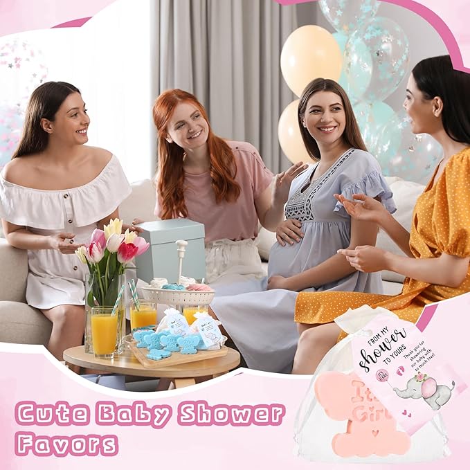 50 Sets Baby Shower Soap Favors for Guests Boy Girl Mini Handmade Scented Soaps with Thank You Tags and Organza Bags for Shower Gender Reveal Party Favors (It's A Girl,Pink Elephant)