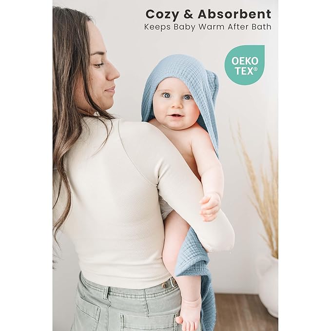 Konssy 2-Pack Muslin Hooded Baby Towels, 100% Cotton, Ultra-Soft & Absorbent Baby Bath Towels with Hood for Newborn & Infant (Blue, Blue Whale, 30'' x 30'')