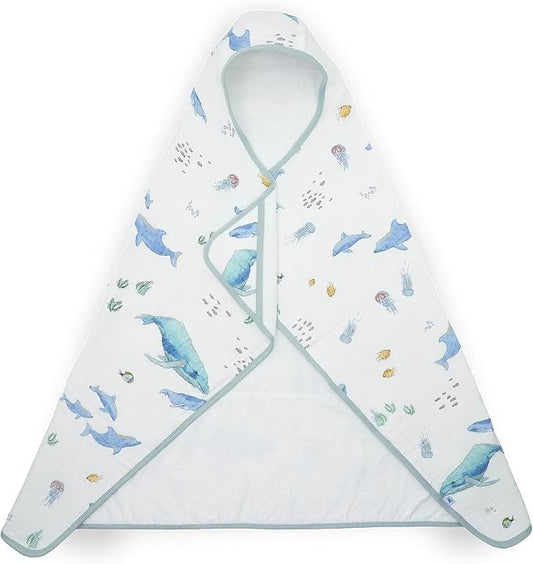Little Unicorn Premium Hooded Bath Towel| Absorbent Cotton & Terry Blend | Larger Size, 1-6 Years (Whales)