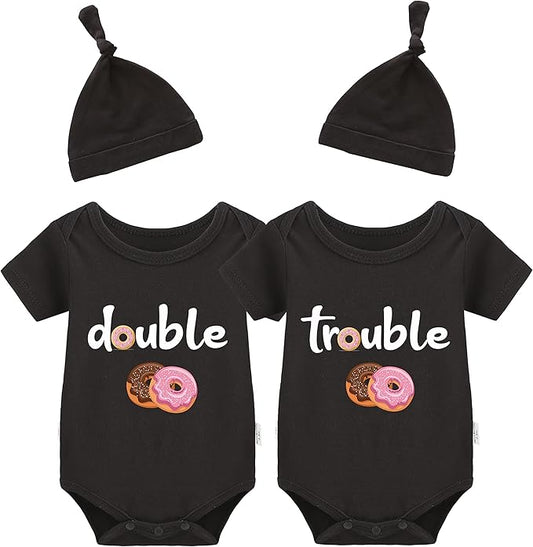 YSCULBUTOL Baby Twins Bodysuits Funny Double Trouble Cute Girl Romper Twin Jumpsuits Hat Set