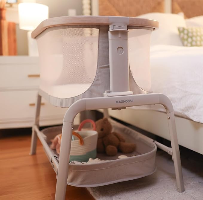 Maxi-Cosi Iora Baby Bassinets Bedside Sleeper, Portable Bassinet, Infant Bedside Sleeper Crib, Height Adjustable, Breathable Mesh, Large Storage Basket, Classic Slate