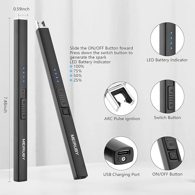 Lighter Electric Candle Lighter Long Electronic Rechargeable USB Arc Windproof Flameless Lighters for Candle Camping BBQ Birthday Women's Day Gifts for Women Mom Wife Men, Balck