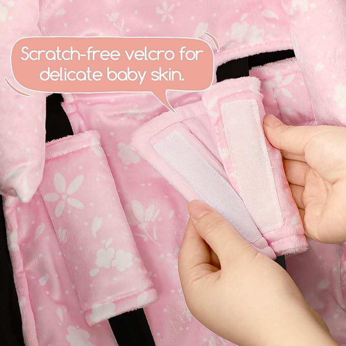 Infant Car Seat Insert & Strap Cover for Baby Girls, 2 in 1 Carseat Head Support Newborn, Ultra Soft Car Seat Cushion for Babies, Plush Fabric, Fit for Swing, Car Seat, Stroller, Bouncer, Pink