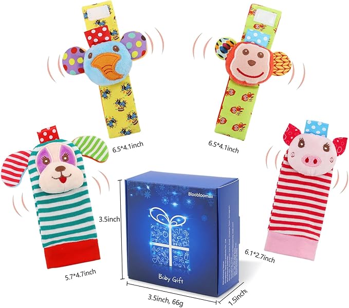 SSK Soft Baby Wrist Rattle Foot Finder Socks Set,Cotton and Plush Stuffed Infant Toys,Birthday Holiday Birth Present for Newborn Boy Girl 0/3/4/6/7/8/9/12/18 Months Kids Toddler,4 Cute Animals