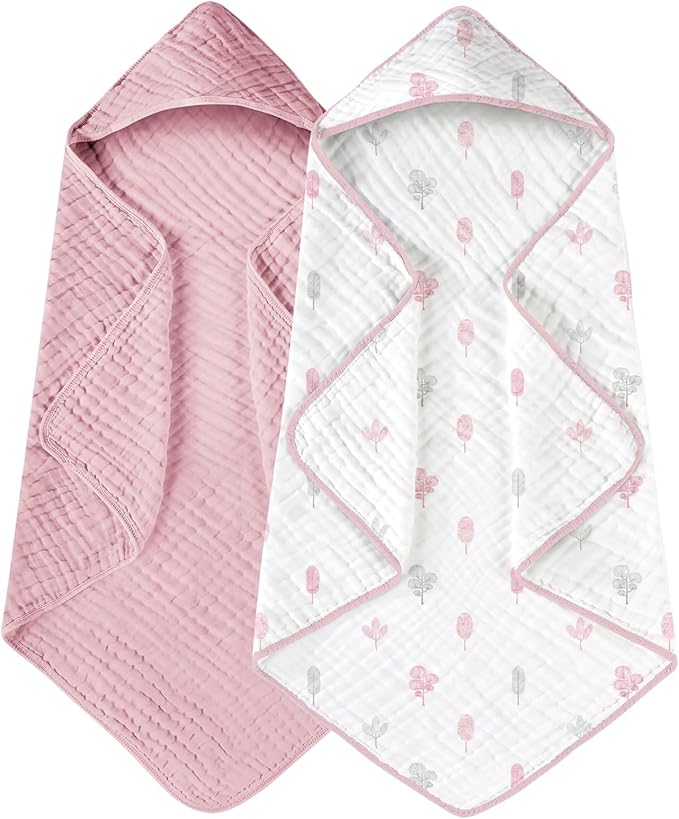 Yoofoss Hooded Baby Towels for Newborn 2 Pack 100% Muslin Cotton Baby Bath Towel with Hood for Babies, Infant, Toddler and Kids, Large 32x32Inch, Soft and Absorbent Newborn Essential