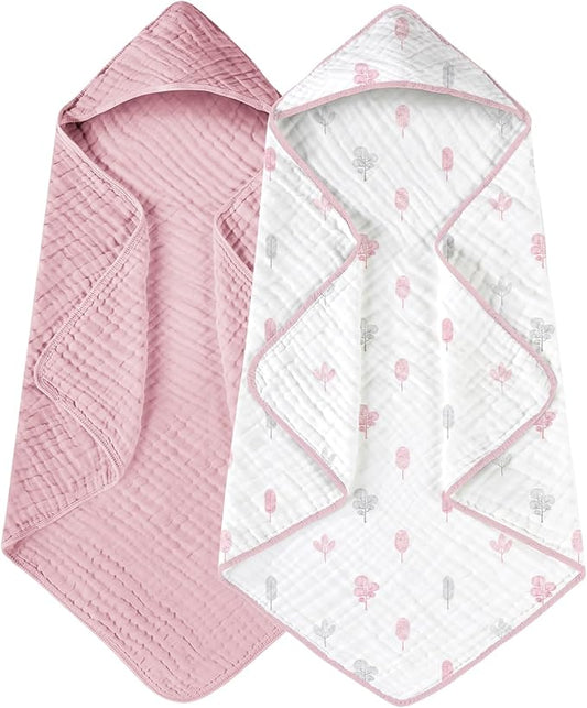 Yoofoss Hooded Baby Towels for Newborn 2 Pack 100% Muslin Cotton Baby Bath Towel with Hood for Babies, Infant, Toddler and Kids, Large 32x32Inch, Soft and Absorbent Newborn Essential
