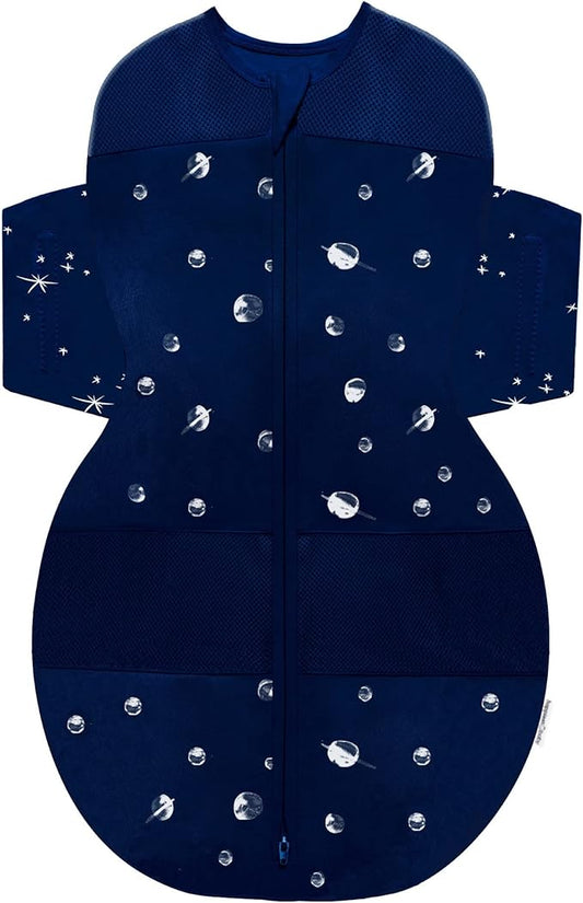 Happiest Baby SNOO Sleep Sack - 100% Organic Cotton Baby Swaddle Blanket - Doctor Designed Promotes Healthy Hip Development (Midnight Planets, Small)