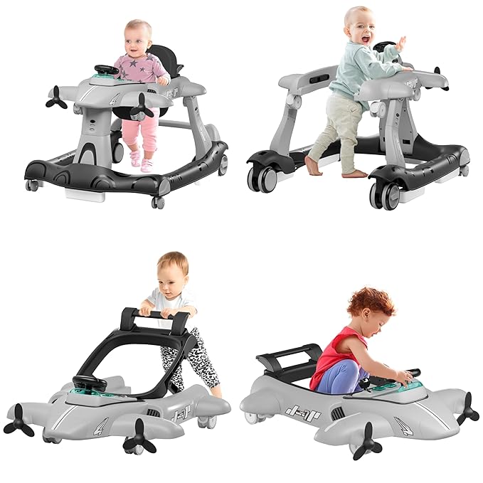 Xilingol 6-in-1 Baby Walker with Wheels, Adjustable Height & Speed Activity Walker with Padded Seat, Foldable Walker for Babies, Toddler Push Walkers for Boy & Girl 6-18 Months, Music & Light