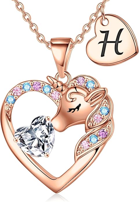 Unicorn Necklace Gifts for Girls Kids - Colorful CZ Heart Initial Necklaces Unicorn Necklace for Girls Jewelry Birthday Gifts for Little Girl Kids