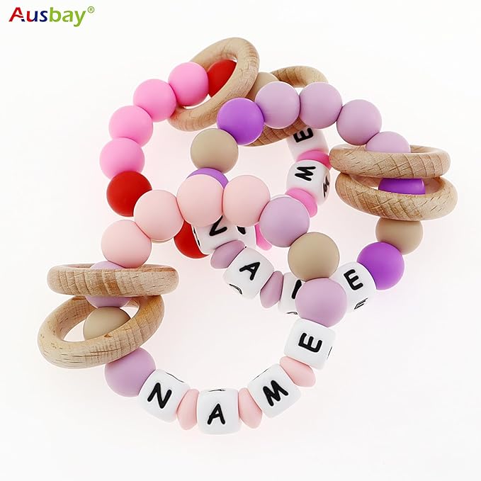 Personalized Baby Rattle and Teether Ring Toy for Boys and Girls Gift,Custom Name Rattle Toy Newborn Teether Ring (Oatmeal)