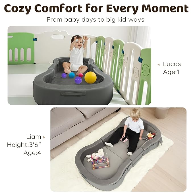 ENITYA Toddler Travel Bed, Foldable Floor Cot with Washable Cover for Travel, Camping, Home, Portable Crib for Kids Aged 18M–5Y, Easy to Use, Kids Cot for Sleeping, Grey
