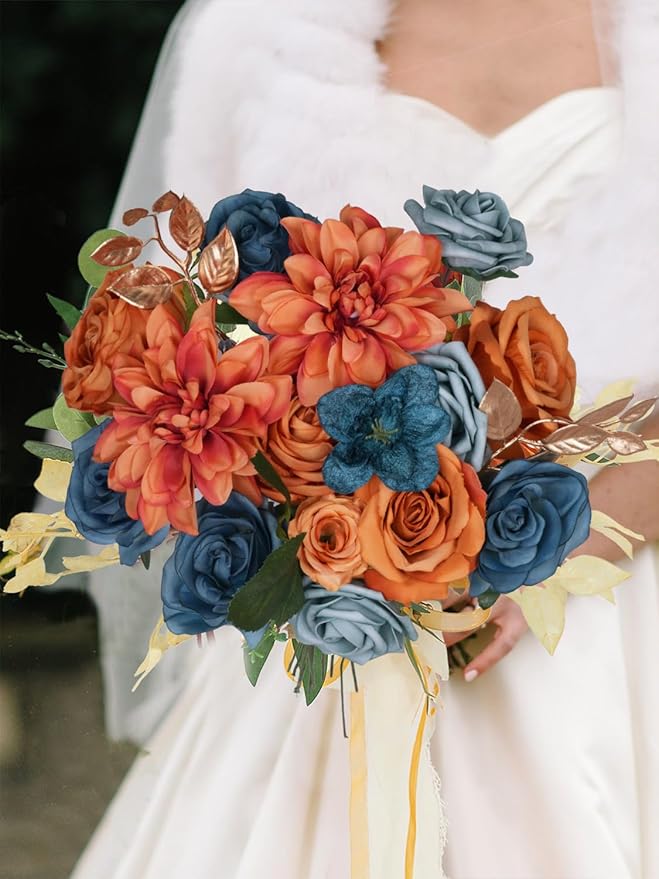 RICHMYC Artificial Flowers Orange Green Wedding Silk Fall Flowers with Stems Fake Cake Flowers for Wedding Bouquets Centerpieces Baby Shower Fall Decor