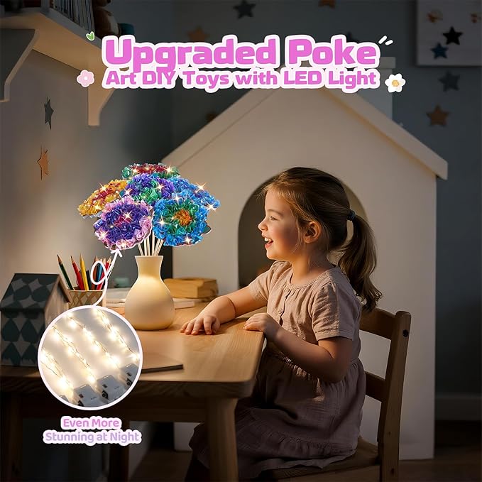 DIY Flower Bouquet Craft Kits, Poke in Art Arts and Crafts for Kids Girls Boys 4 5 6 7 8 9 10 11 12 Years Old Great Birthday Christmas Gifts 6 Flowers with LED Lights